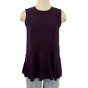 Theory Silk Sleeveless Blouse Top Dark Purple Pleated Peplum Hem Size M